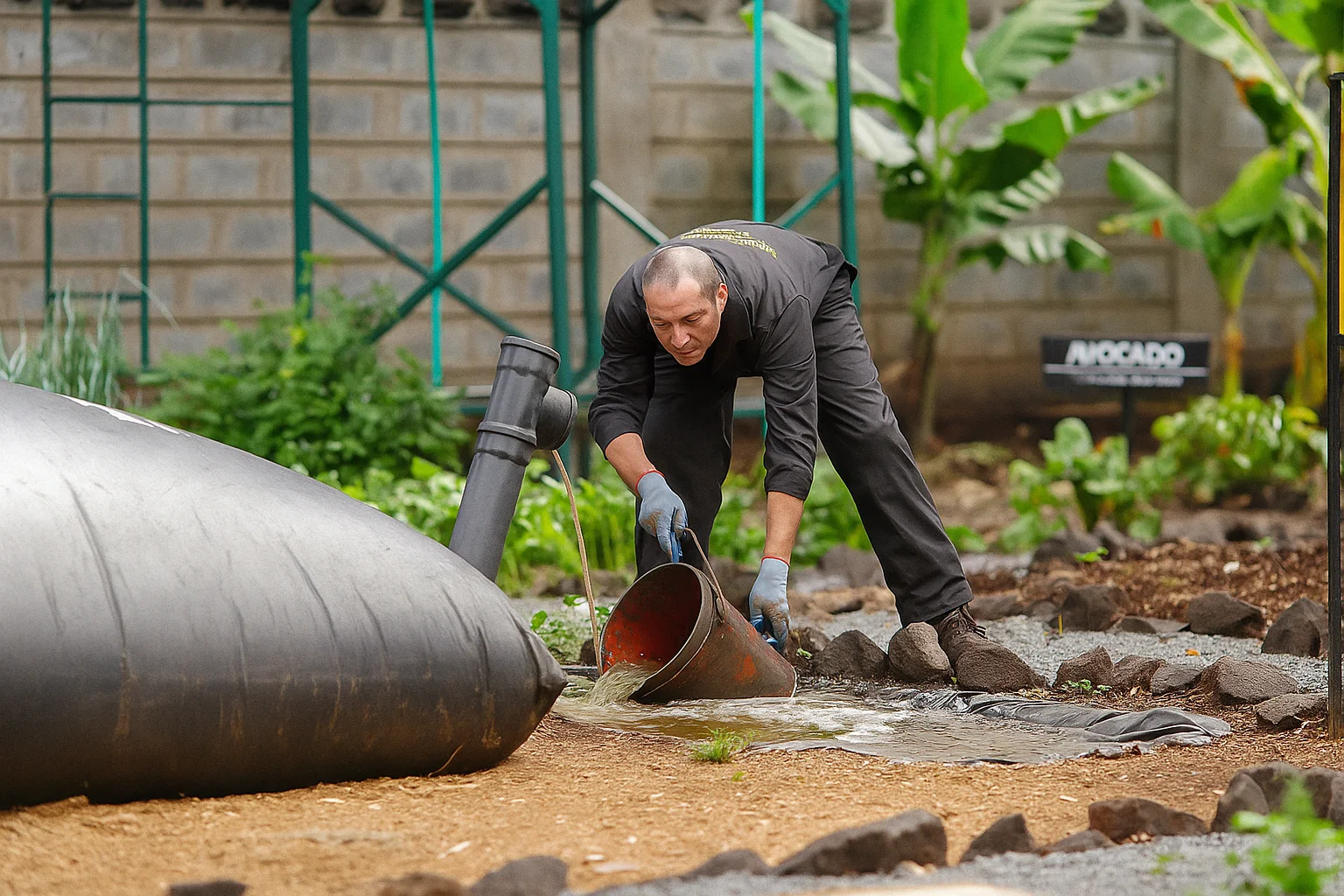 Persona utilizando sistema HomeBiogas en un entorno natural